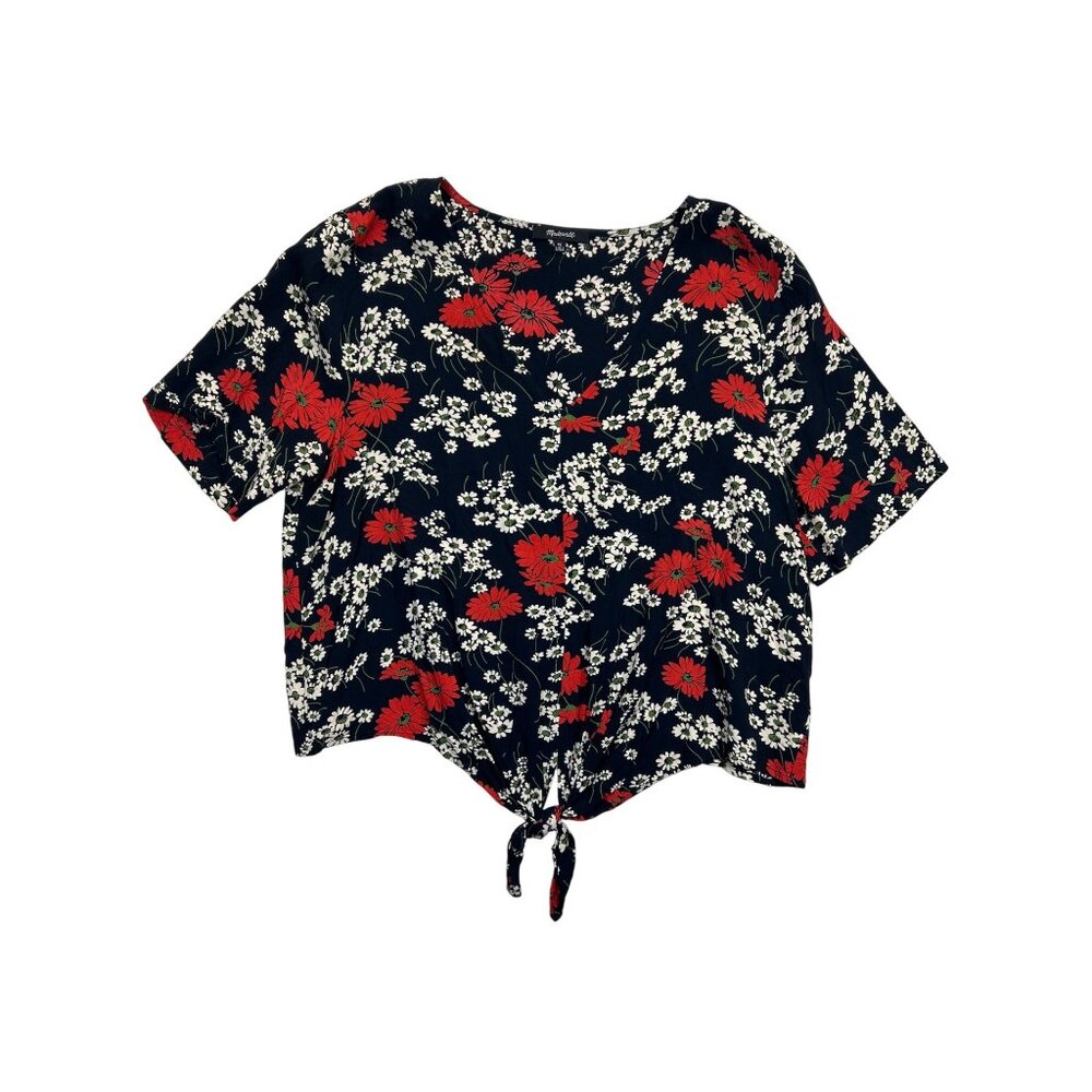 Madewell Blouse Womens XL Blue Red White Floral Tie-Front Short Sleeve